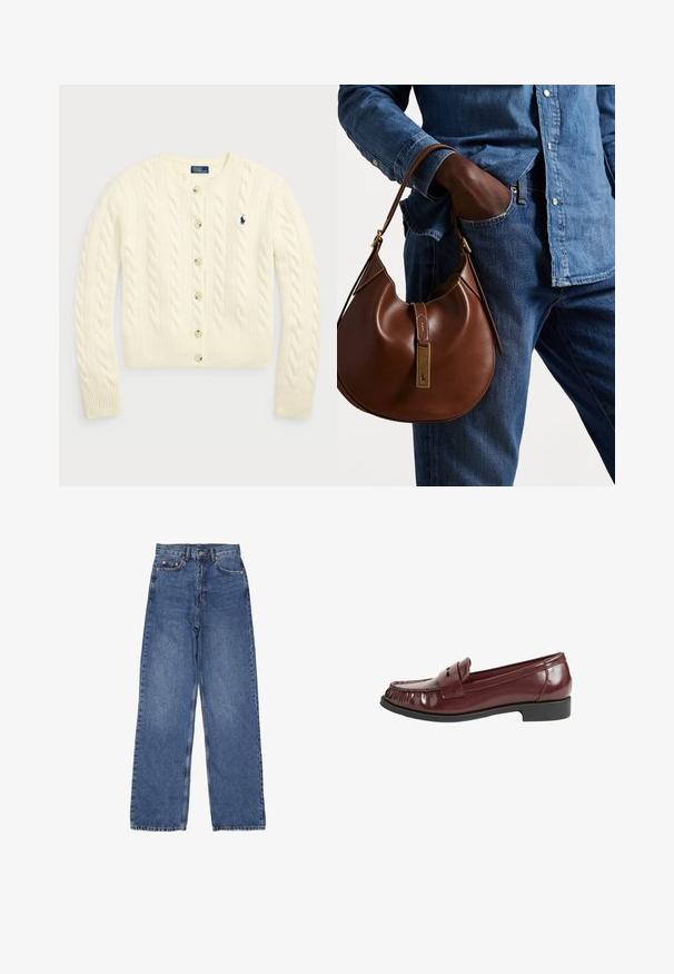 Polo Ralph Lauren CABLE-KNIT WOOL-CASHMERE CARDIGAN - Kofta - authentic cream; Två ärmlösa ribbade polotröjor i brunt och svart, presenterade mot en enfärgad vit bakgrund.; Jeans i denim med hög midja och vida ben, med en klassisk blå tvätt, synliga sömmar och metalldetaljer på framfickan.; Bordeaux patentläder loafers med en sydd, rund tå och ett litet dekorativt band. Låg, svart gummihäl. Slät textur.; Brun läder hobo-väska med en rund form, som har en accent av guldmetall och kontrasterande sömmar. Kombinerad med en denimskjorta och jeans.