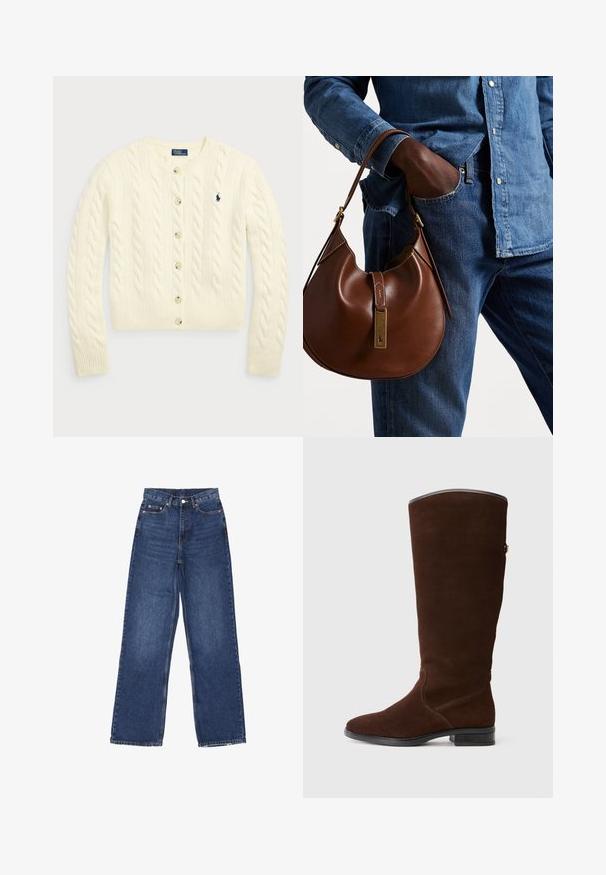 Polo Ralph Lauren CABLE-KNIT WOOL-CASHMERE CARDIGAN - Gilet - authentic cream; Deux tops à col roulé sans manches en marron et noir, présentés sur un fond blanc uni.; Jean en denim bleu à jambe large et taille haute, avec un système de fermeture à bouton, cinq poches et un léger délavage sur le tissu.; Botte haute en daim marron, avec un embout arrondi, des détails de couture subtils et un petit talon carré. Doublure lisse au bord supérieur.; Sac en cuir marron de style hobo avec une forme arrondie, mettant en avant un accent en métal doré et des coutures contrastantes. Assorti à une chemise en denim et un jean.