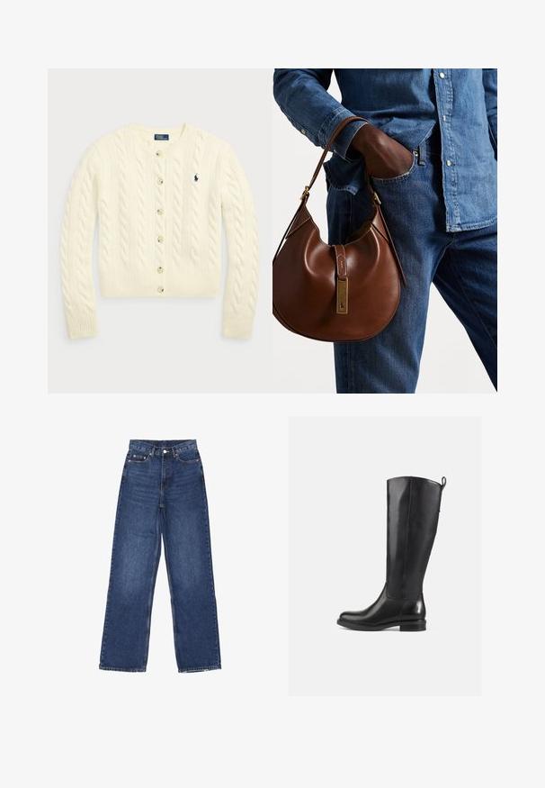 Polo Ralph Lauren CABLE-KNIT WOOL-CASHMERE CARDIGAN - Kardigan - authentic cream; Dvě bezrukávové žebrované roláky v hnědé a černé barvě, vystavené na bílém pozadí.; Svetle modré džíny s širokými nohavicemi a vysokým pasem, se zapínáním na knoflík, pěti kapsami a jemným vyblednutím na látce.; Černé kožené boty po kolena s hladkým povrchem, zaoblenou špičkou, nízkým podpatkem a poutkem na zadní straně. Minimalistický design bez viditelných vzorů.; Hnědá kožená hobo taška zaobleného tvaru, se zlatým kováním a kontrastním prošíváním. V kombinaci s džínovou košilí a džíny.