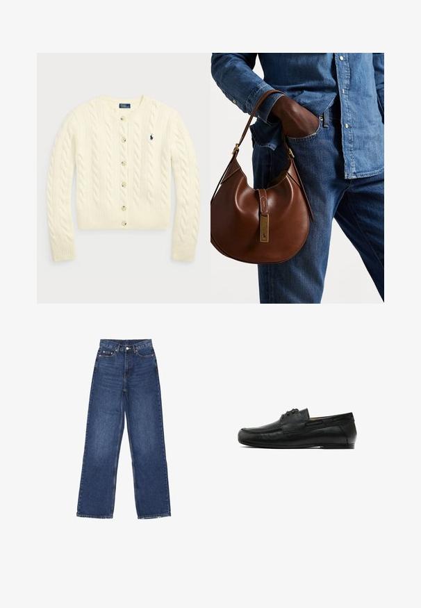 Polo Ralph Lauren CABLE-KNIT WOOL-CASHMERE CARDIGAN - Cardigan - authentic cream; Due top senza maniche a coste, uno marrone e uno nero, esposti su uno sfondo bianco semplice.; Jeans in denim blu a gamba larga con vita alta, dotati di chiusura a bottone, cinque tasche e leggere sfumature sul tessuto.; Mocassini neri in pelle con punta arrotondata, cucitura decorativa sul davanti e due dettagli laterali. Texture liscia con tacco basso e robusto.; Borsa hobo in pelle marrone con una forma arrotondata, dotata di dettagli in hardware dorato e cuciture a contrasto. Abbinata a una camicia di jeans e a un paio di jeans.