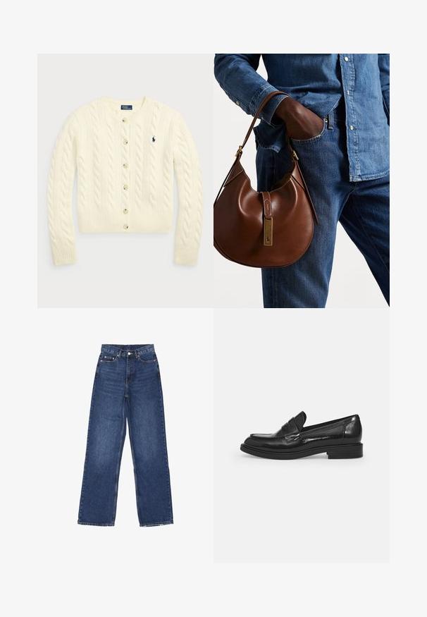 Polo Ralph Lauren CABLE-KNIT WOOL-CASHMERE CARDIGAN - Chaqueta de punto - authentic cream; Dos tops sin mangas de canalé y cuello alto en marrón y negro, exhibidos sobre un fondo blanco liso.; Jeans de mezclilla azul de pierna ancha con una cintura alta, que presentan un cierre de botón, cinco bolsillos y un leve desgastado en la tela.; Mocasines de charol negro con punta redondeada, una correa decorativa en la parte superior y un tacón bajo tipo bloque. Textura suave y brillante.; Bolso hobo de cuero marrón con forma redondeada, que cuenta con un acento de hardware dorado y costuras en contraste. Combinado con una camisa de mezclilla y vaqueros.