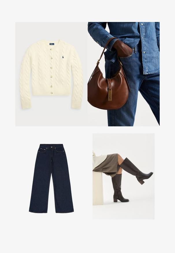 Polo Ralph Lauren CABLE-KNIT WOOL-CASHMERE CARDIGAN - Kardigan - authentic cream; Dvě bezrukávové žebrované roláky v hnědé a černé barvě, vystavené na bílém pozadí.; Tmavě modré široké džíny vyrobené z denimu. Mezi vlastnosti patří pět kapes, poutka na opasek a kontrastní oranžové švy. Žádné vzory nebo ozdoby.; Hnědé kožené vysoké boty po kolena se čtveratou špičkou, robustním podpatkem a bočním zipem. Hladký povrch s lesklým povrchem.; Hnědá kožená hobo taška zaobleného tvaru, se zlatým kováním a kontrastním prošíváním. V kombinaci s džínovou košilí a džíny.