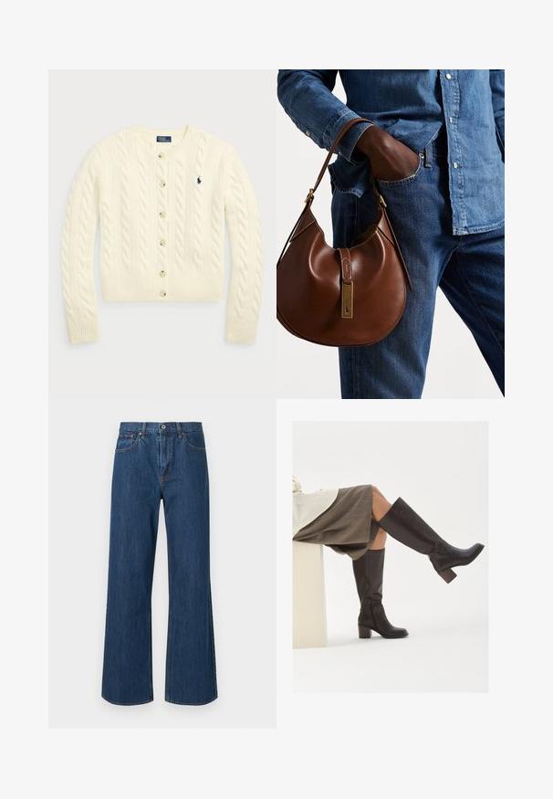Polo Ralph Lauren CABLE-KNIT WOOL-CASHMERE CARDIGAN - Neuletakki - authentic cream; Kaksi hihattomaa ribbikuvioista poolopaitaa ruskeana ja mustana, esillä yksinkertaisella valkoisella taustalla.; Korkeavyötäröiset, keskimäisen siniset, leveälahkeiset farkut, joissa on etutaskut ja hienovaraiset ompelu yksityiskohdat. Liukas pinta, jossa pyöristetyt helmat.; Ruskea nahkainen polvipituiset saappaat, joissa on neliön muotoinen varvas, paksu korko ja sivuvetoketju. Luja rakenne ja kiiltävä pinta.; Ruskea nahkainen hobo laukku pyöreällä muotoilulla, jossa on kultaiset yksityiskohdat ja kontrastiväriommeltu. Yhdistetty farkkupaitaan ja farkkuihin.