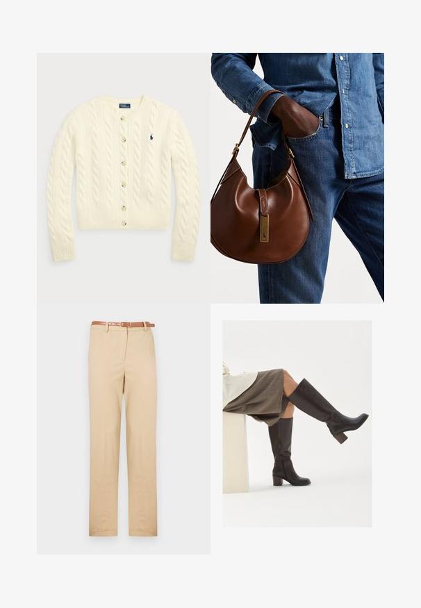 Polo Ralph Lauren CABLE-KNIT WOOL-CASHMERE CARDIGAN - Adīta jaka - authentic cream; Divas bez piedurknēm ribotas augstā kakla blūzes brūnā un melnā krāsā, izliktas uz vienkārša balta fona.; Beigā krāsā chinos bikses, izgatavotas no viegla materiāla, ar taisnu piegriezumu, sānu kabatām un brūnu ādas jostu ar taisnstūra sprādzi.; Brūni ādas ceļgala zābaki ar kvadrātu formas purngalu, masīvu papēdi un sānu rāvējslēdzēju. Gluda tekstūra ar spīdīgu apdari.; Brūna ādas hobo soma ar noapaļotu formu, ar zelta aparatūras akcentu un kontrastējošiem diegiem. Apvienota ar džinsa kreklu un džinsiem.