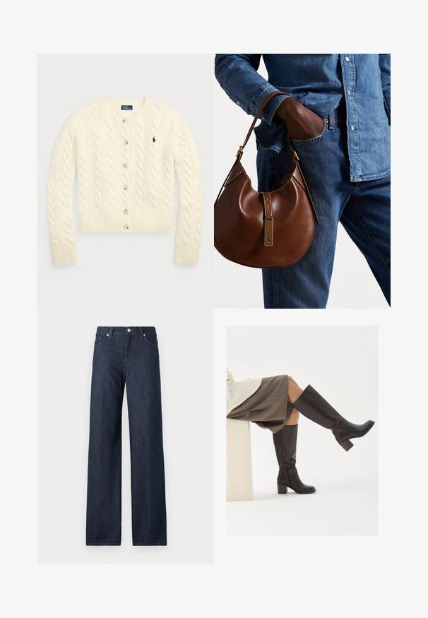 Polo Ralph Lauren CABLE-KNIT WOOL-CASHMERE CARDIGAN - Kardigan - authentic cream; Kaks õlavarteta ribakudumist turtleneck'i topi pruunis ja mustas värvitoonis, esitatud ühelaval valgel taustal.; Tumedat teksasist laiad püksid, millel on kõrge talje, vööklambrid ja klassikaline viie taskuga disain. Sile tekstuur koos õrnade pleekimisega.; Pruuni nahast kuni põlveni ulatuvad saapad ruudukujulise ninaga, tugeva kontsaga ja külgmise tõmblukuga. Sile tekstuur ja läikiv viimistlus.; Pruun nahast hobo kott ümmarguse kujuga, millel on kuldne metallist detail ja kontrastne õmblus. Koos teksapitsi ja teksastega.