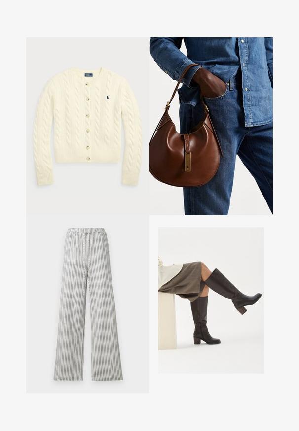 Polo Ralph Lauren CABLE-KNIT WOOL-CASHMERE CARDIGAN - Vesta na kopčanje - authentic cream; Dva bezrukavna rebrasta topa s rolkragnom u smeđoj i crnoj boji, prikazana na jednostavnoj bijeloj pozadini.; Lagane hlače širokih nogavica s elastičnim pojasom. Vertikalne sive i bijele pruge, mekani materijal i opušteni kroj. Bez džepova ili metalnih dijelova.; Smeđe kožne čizme do koljena sa četvrtastim vrhom, robusnim potpeticama i bočnim zatvaračem. Glatka tekstura s sjajnim finišem.; Smeđa kožna hobo torba zaobljenog oblika, sa zlatnim metalnim detaljima i kontrastnim šavovima. Uparena s traper košuljom i trapericama.
