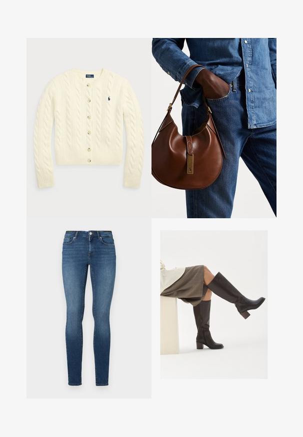 Polo Ralph Lauren CABLE-KNIT WOOL-CASHMERE CARDIGAN - Kardigan - authentic cream; Kaks õlavarteta ribakudumist turtleneck'i topi pruunis ja mustas värvitoonis, esitatud ühelaval valgel taustal.; Kitsid teksad tumesinises denimis, viie taskuga, esise nupu ja tõmblukuga. Kangas on siledat tekstuuri ja kergelt pleekinud.; Pruuni nahast kuni põlveni ulatuvad saapad ruudukujulise ninaga, tugeva kontsaga ja külgmise tõmblukuga. Sile tekstuur ja läikiv viimistlus.; Pruun nahast hobo kott ümmarguse kujuga, millel on kuldne metallist detail ja kontrastne õmblus. Koos teksapitsi ja teksastega.