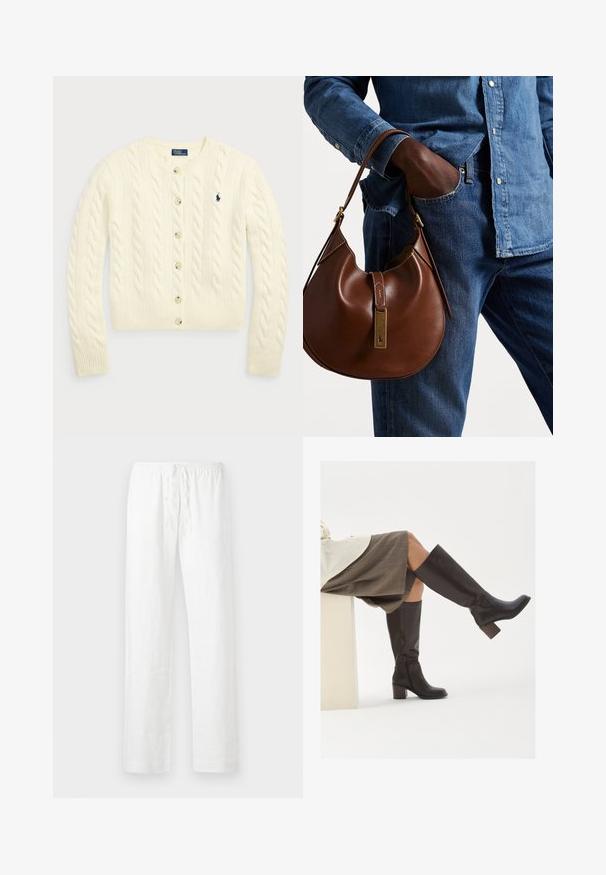 Polo Ralph Lauren CABLE-KNIT WOOL-CASHMERE CARDIGAN - Gilet - authentic cream; Deux tops à col roulé sans manches en marron et noir, présentés sur un fond blanc uni.; Pantalons en lin blanc avec une coupe décontractée, ceinture élastique à cordon de serrage et jambes droites ; texture lisse et tissu léger.; Bottes en cuir marron, montantes jusqu'au genou, avec un bout carré, un talon épais et une fermeture éclair latérale. Texture lisse avec une finition polie.; Sac en cuir marron de style hobo avec une forme arrondie, mettant en avant un accent en métal doré et des coutures contrastantes. Assorti à une chemise en denim et un jean.