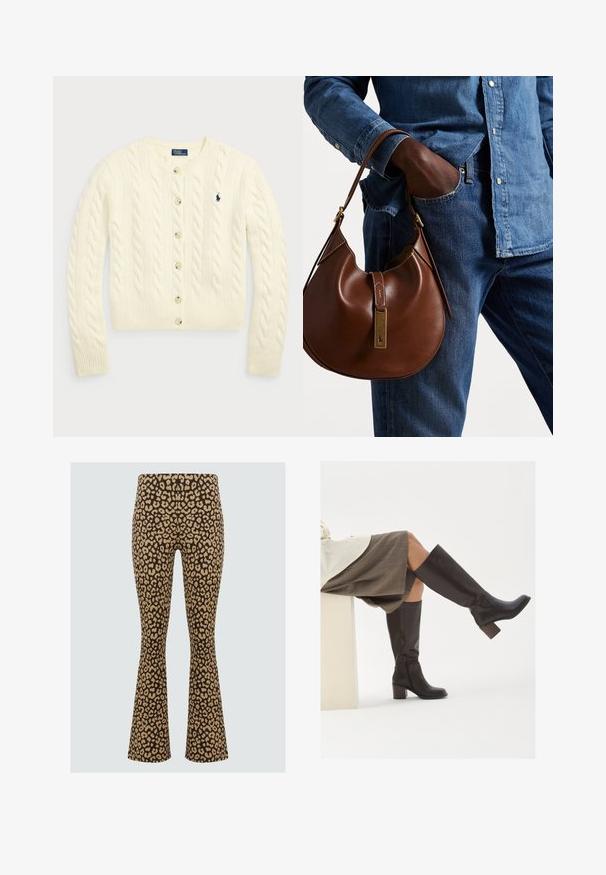 Polo Ralph Lauren - Kardigan; Dwie bezrękawnikowe, prążkowane bluzki z golfem w kolorze brązowym i czarnym, prezentowane na jednolitym białym tle.; Spodnie w panterkę z rozszerzanymi nogawkami w kolorze brązowym i beżowym. Wykonane z elastycznej tkaniny o miękkiej teksturze. Posiadają wysoką talię dla większego komfortu.; Brązowe skórzane kozaki do kolan z kwadratowym czubkiem, grubym obcasem i bocznym zamkiem błyskawicznym. Gładka faktura z polerowanym wykończeniem.; Brązowa skórzana torebka hobo w zaokrąglonym kształcie, z akcentami w złotym kolorze i kontrastowym przeszyciem. Połączona z dżinsową koszulą i spodniami dżinsowymi.