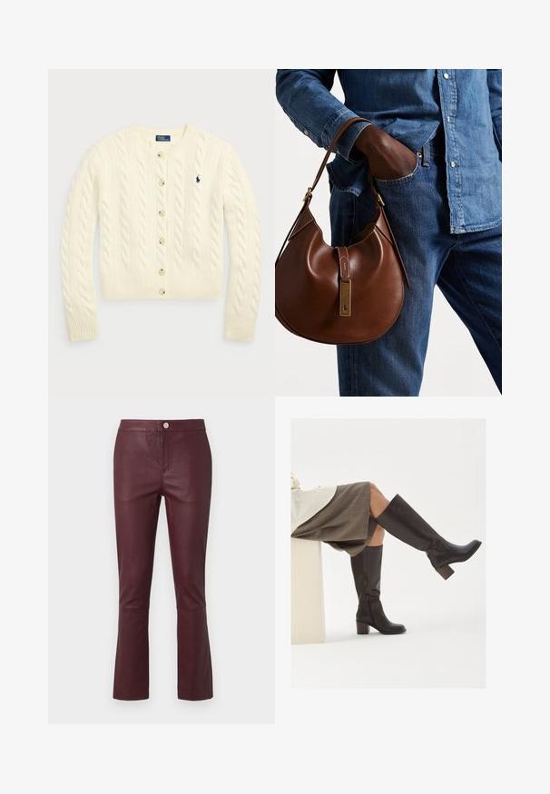 Polo Ralph Lauren CABLE-KNIT WOOL-CASHMERE CARDIGAN - Vest - authentic cream; Twee mouwloze geribbelde coltruien in bruin en zwart, weergegeven op een effen witte achtergrond.; Bordeaux neplederen broek met een slim fit, uitlopende onderkant, voorzakken en een metalen knoopsluiting bij de taille. Glad textuur.; Bruine leren laarzen tot de knie met een vierkante neus, stevige hak en zijrits. Gladde textuur met een gepolijste afwerking.; Bruine leren hobo tas met een rondvorm, voorzien van een gouden hardwareaccent en contrasterende stiksels. Gecombineerd met een denim shirt en jeans.