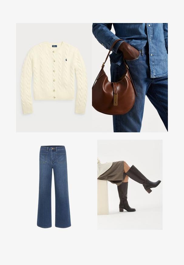 Polo Ralph Lauren CABLE-KNIT WOOL-CASHMERE CARDIGAN - Cardigan - authentic cream; Two sleeveless ribbed turtleneck tops in brown and black, displayed on a plain white background.; Wide-leg jeans in dark blue denim with a smooth texture, featuring a button closure, five pockets, and contrasting stitching details.; Brown leather knee-high boots with a square toe, chunky heel, and side zipper. Smooth texture with a polished finish.; Brown leather hobo bag with a rounded shape, featuring a gold hardware accent and contrast stitching. Paired with a denim shirt and jeans.