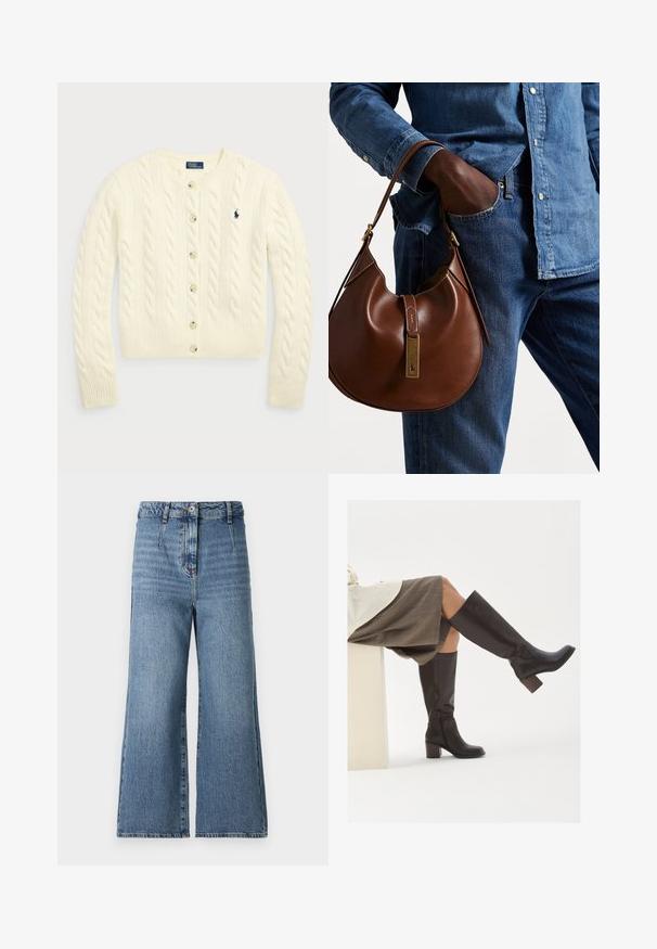 Polo Ralph Lauren CABLE-KNIT WOOL-CASHMERE CARDIGAN - Kardiganas - authentic cream; Duos bežinių megztų be rankovių turndekų, vienas rudas, kitas juodas, pristatyti ant balto fono.; Plačios kojų džinsai šviesiai mėlynos spalvos, su aukštu juosmeniu, klasikinio penkių kišenių dizainu ir nusidėvėjusia tekstūra su subtiliais plaukeliais.; Rudi odiniai kanyo ilgio batai su kvadratiniu pirštu, storu kulnu ir šoniniu užtrauktuku. Lygus paviršius su blizgiu apdaila.; Ruda odinė hobo kuprinė su suapvalinta forma, turinti auksinius aksesuarus ir kontrastingą siuvinėjimą. Derinama su džinsiniu marškinėliu ir džinsais.