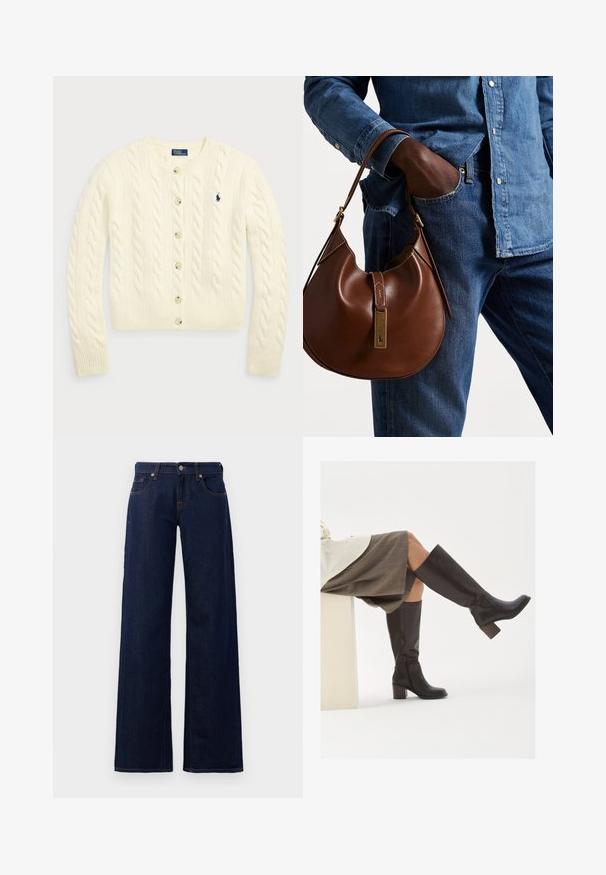 Polo Ralph Lauren CABLE-KNIT WOOL-CASHMERE CARDIGAN - Strickjacke - authentic cream; Zwei ärmellose, gerippte Rollkragenoberteile in Braun und Schwarz, auf einem schlichten weißen Hintergrund präsentiert.; Weite Jeans in dunkelblauem Denim mit klassischem Fünf-Taschen-Design, kupferfarbener Naht und Knopfverschluss am Bund.; Braune Lederstiefel bis zum Knie mit eckiger Zehenpartie, blockiertem Absatz und seitlichem Reißverschluss. Glatte Oberfläche mit polierter Optik.; Braune Leder-Hobo-Tasche mit runder Form, ausgestattet mit goldenen Hardware-Details und kontrastierenden Nähten. Kombiniert mit einem Jeanshemd und Jeans.