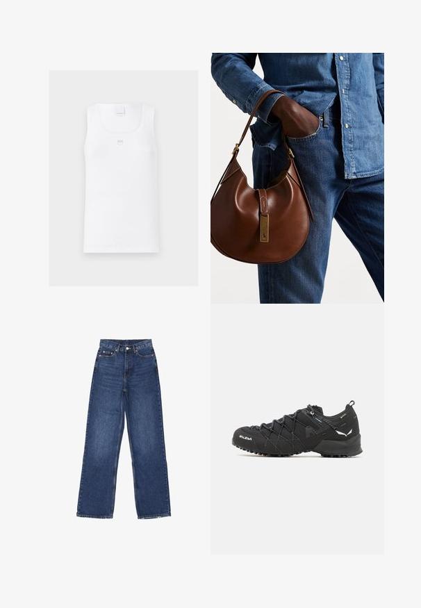 Polo Ralph Lauren CABLE-KNIT WOOL-CASHMERE CARDIGAN - Neuletakki - authentic cream; Valkoinen ribattu hihaton paita, jossa on neliön muotoinen pääntie, ohuet olkaimet ja pieni brodeerattu logo rinnassa. Pehmeä puuvillakangas.; Korkeavyötäröiset, leveälahkeiset siniset farkut, joissa on nappikiinnitys, viisi taskua ja hieno haalistuma kankaassa.; Mustat vaelluskengät, joissa on teksturoitu kangaspinta, nauhakiinnitys ja kestävä kumipohja. Korostettu heijastavilla yksityiskohdilla ja logoilla.; Ruskea nahkainen hobo laukku pyöreällä muotoilulla, jossa on kultaiset yksityiskohdat ja kontrastiväriommeltu. Yhdistetty farkkupaitaan ja farkkuihin.