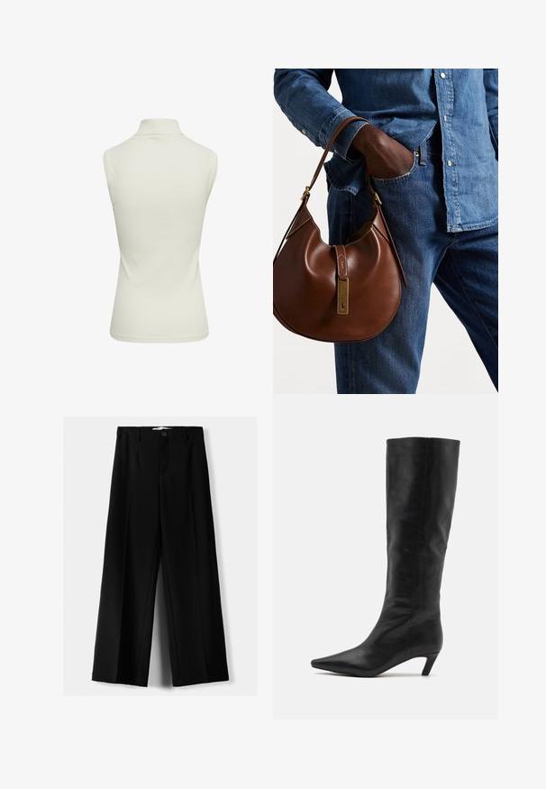 Polo Ralph Lauren CABLE-KNIT WOOL-CASHMERE CARDIGAN - Cardigan - authentic cream; Top a collo scudetto senza maniche a coste, di colore crema chiaro. Texture liscia con una forma aderente e bordi puliti, caratterizzato da un collo alto.; Pantaloni neri a gamba larga realizzati in tessuto leggero, caratterizzati da una chiusura frontale con bottone e frontale piatto, con orli cuciti con precisione.; RAID FLAURA - Stivali alti - black; Borsa hobo in pelle marrone con una forma arrotondata, dotata di dettagli in hardware dorato e cuciture a contrasto. Abbinata a una camicia di jeans e a un paio di jeans.