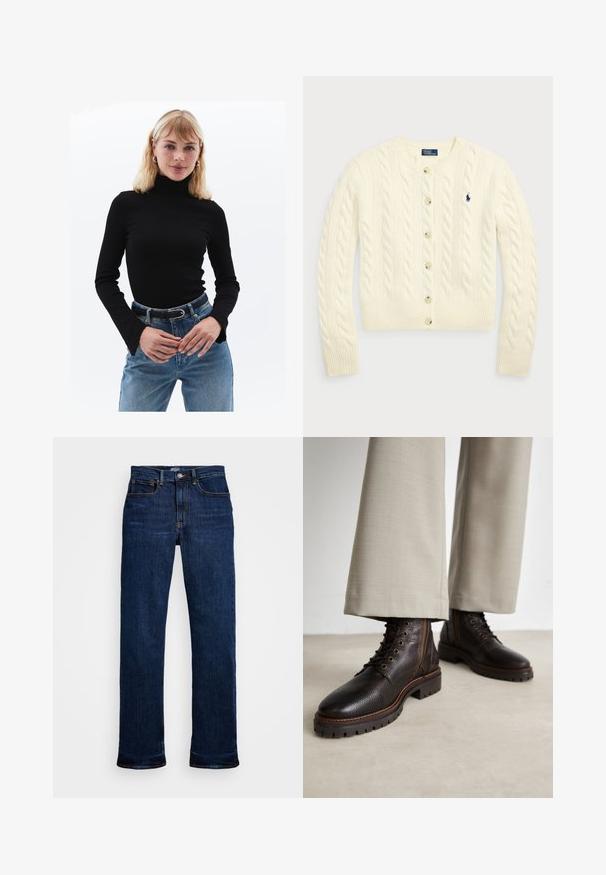 Polo Ralph Lauren - Kardigan; Czarny golf z długimi rękawami, o ryflowanej fakturze, zestawiony z jasnoniebieskimi dżinsami o wysokim stanie oraz czarnym paskiem z posrebrzanym klamrą.; Ciemnoniebieskie dżinsy typu straight leg, z pięcioma kieszeniami, miedzianymi szwami i klasycznym zapięciem na guzik.; Ciemnobrązowe skórzane buty z teksturowanym wykończeniem, z sznurowanym zapięciem, okrągłym noskiem i wytrzymałymi gumowymi podeszwami. Uzupełnione kontrastowym przeszyciem.
