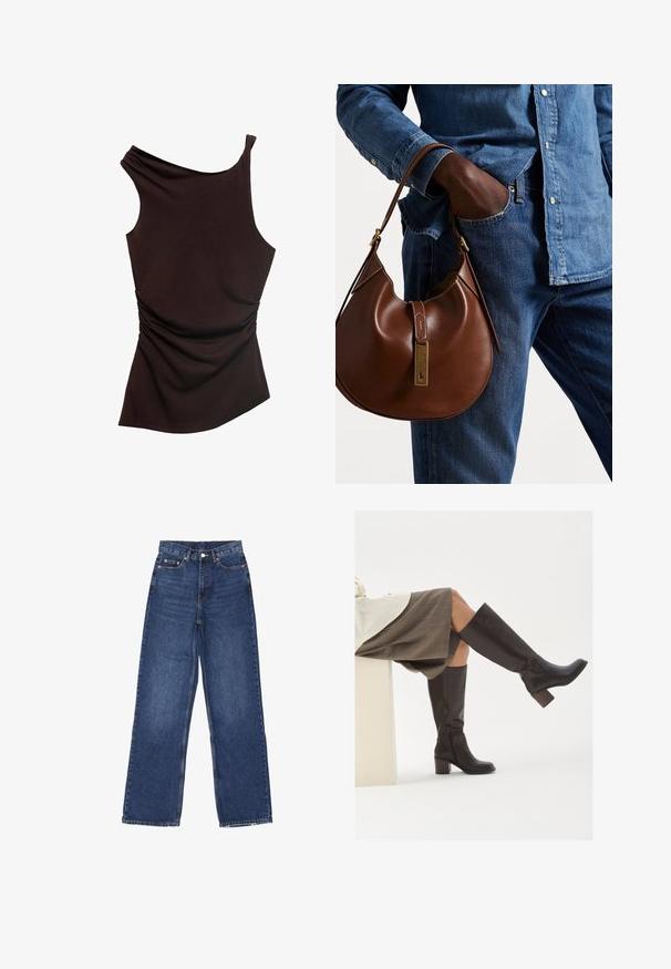 Polo Ralph Lauren CABLE-KNIT WOOL-CASHMERE CARDIGAN - Neuletakki - authentic cream; Epämuotoisa ruskea toppi, jossa on yksi olkaimen muotoilu, rypytetty pinta yhdellä puolella ja sileä viimeistely koko matkalta. Pehmeä, joustava kangas.; Korkeavyötäröiset, leveälahkeiset siniset farkut, joissa on nappikiinnitys, viisi taskua ja hieno haalistuma kankaassa.; Ruskea nahkainen polvipituiset saappaat, joissa on neliön muotoinen varvas, paksu korko ja sivuvetoketju. Luja rakenne ja kiiltävä pinta.; Ruskea nahkainen hobo laukku pyöreällä muotoilulla, jossa on kultaiset yksityiskohdat ja kontrastiväriommeltu. Yhdistetty farkkupaitaan ja farkkuihin.