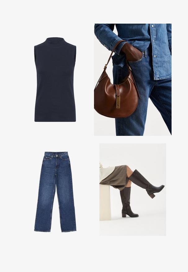Polo Ralph Lauren CABLE-KNIT WOOL-CASHMERE CARDIGAN - Cardigan - authentic cream; Top senza maniche a collo alto di colore blu navy, realizzato in tessuto a costine, con un design aderente e una texture liscia. Nessun motivo o decorazione visibile.; Jeans in denim blu a gamba larga con vita alta, dotati di chiusura a bottone, cinque tasche e leggere sfumature sul tessuto.; Stivali marroni in pelle alti fino al ginocchio, con punta quadrata, tacco spesso e zip laterale. Texture liscia con finitura lucida.; Borsa hobo in pelle marrone con una forma arrotondata, dotata di dettagli in hardware dorato e cuciture a contrasto. Abbinata a una camicia di jeans e a un paio di jeans.