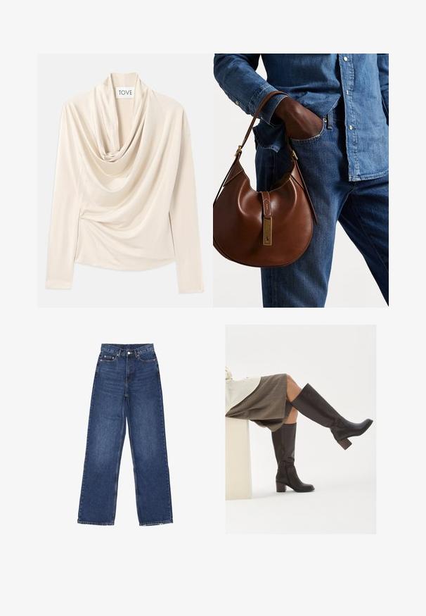 Polo Ralph Lauren CABLE-KNIT WOOL-CASHMERE CARDIGAN - Strickjacke - authentic cream; Beige Oberteil mit langen Ärmeln, Design mit Schalkragen und weicher, glatter Textur. An der Taille mit subtilen Raffungen gesichert.; Weite blaue Jeans mit hoher Taille, Knopfverschluss, fünf Taschen und subtilen Verwaschungen auf dem Stoff.; Braune Lederstiefel bis zum Knie mit eckiger Zehenpartie, blockiertem Absatz und seitlichem Reißverschluss. Glatte Oberfläche mit polierter Optik.; Braune Leder-Hobo-Tasche mit runder Form, ausgestattet mit goldenen Hardware-Details und kontrastierenden Nähten. Kombiniert mit einem Jeanshemd und Jeans.