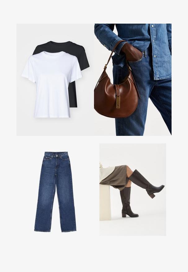 Polo Ralph Lauren CABLE-KNIT WOOL-CASHMERE CARDIGAN - Strickjacke - authentic cream; Zwei Kurzarm-T-Shirts in Schwarz und Weiß, aus glattem Baumwollmaterial, mit klassischem Rundhalsausschnitt und regulärer Passform.; Weite blaue Jeans mit hoher Taille, Knopfverschluss, fünf Taschen und subtilen Verwaschungen auf dem Stoff.; Braune Lederstiefel bis zum Knie mit eckiger Zehenpartie, blockiertem Absatz und seitlichem Reißverschluss. Glatte Oberfläche mit polierter Optik.; Braune Leder-Hobo-Tasche mit runder Form, ausgestattet mit goldenen Hardware-Details und kontrastierenden Nähten. Kombiniert mit einem Jeanshemd und Jeans.