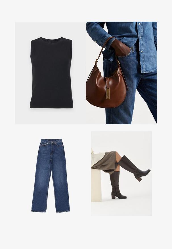 Polo Ralph Lauren CABLE-KNIT WOOL-CASHMERE CARDIGAN - Neuletakki - authentic cream; Musta, hihaton paita, joka on valmistettu ribatusta materiaalista. Siinä on pyöreä kaula-aukko ja tiukka siluetti, jossa on siistit reunat eikä näkyviä kuvioita.; Korkeavyötäröiset, leveälahkeiset siniset farkut, joissa on nappikiinnitys, viisi taskua ja hieno haalistuma kankaassa.; Ruskea nahkainen polvipituiset saappaat, joissa on neliön muotoinen varvas, paksu korko ja sivuvetoketju. Luja rakenne ja kiiltävä pinta.; Ruskea nahkainen hobo laukku pyöreällä muotoilulla, jossa on kultaiset yksityiskohdat ja kontrastiväriommeltu. Yhdistetty farkkupaitaan ja farkkuihin.