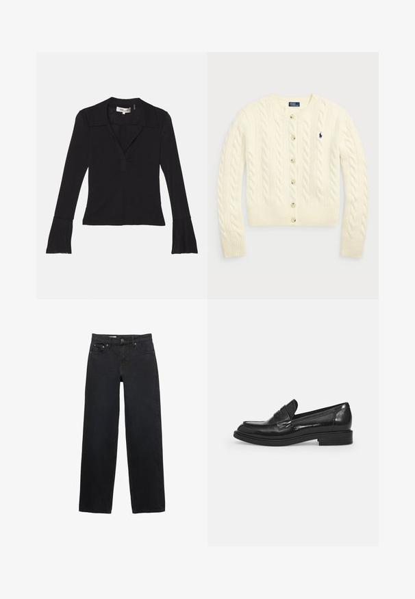 Polo Ralph Lauren CABLE-KNIT WOOL-CASHMERE CARDIGAN - Cardigan - authentic cream; Diane von Furstenberg MACKENZIE - Langærmet T-shirt - black; Sorte brede jeans lavet af denim, med fem lommer, knaplukning, subtil syning og lige snit fra talje til søm.; Sorte patenterede lædersneakers med rund tå, en dekorativ rem over vristen og en lav blokhæl. Glat, blank overflade.