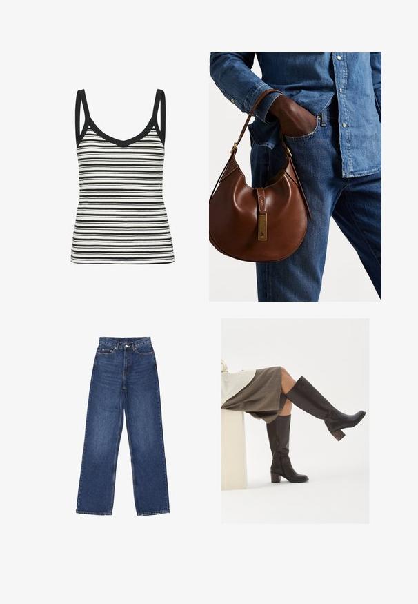 Polo Ralph Lauren CABLE-KNIT WOOL-CASHMERE CARDIGAN - Vest - authentic cream; Zwart-wit gestreepte tanktop met een V-hals en dunne bandjes, met een geribbelde tekstuur en zwarte bies langs de halslijn en armsgaten.; Wijde spijkerbroek in blauwe denim met hoge taille, voorzien van een knoopsluiting, vijf zakken en subtiele vervaging op de stof.; Bruine leren laarzen tot de knie met een vierkante neus, stevige hak en zijrits. Gladde textuur met een gepolijste afwerking.; Bruine leren hobo tas met een rondvorm, voorzien van een gouden hardwareaccent en contrasterende stiksels. Gecombineerd met een denim shirt en jeans.
