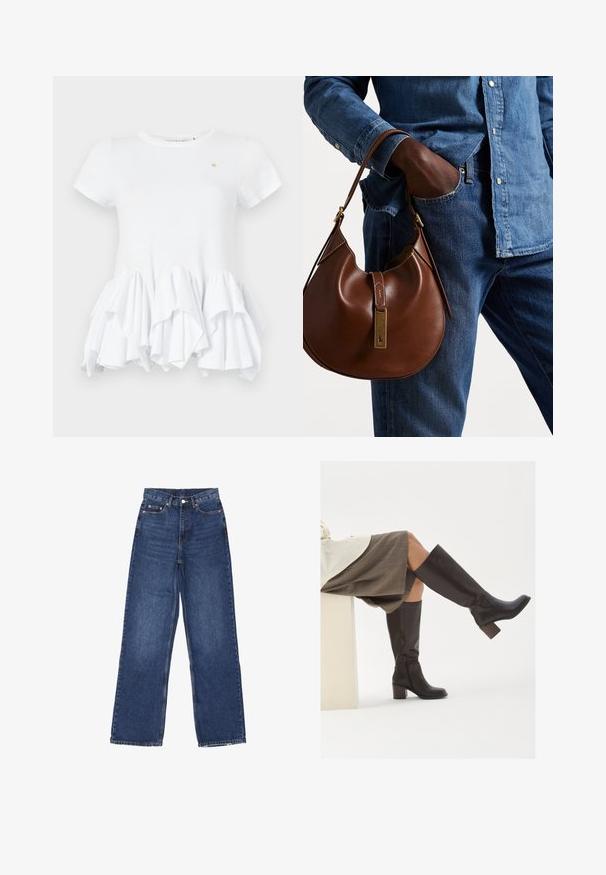 Polo Ralph Lauren CABLE-KNIT WOOL-CASHMERE CARDIGAN - Cardigan - authentic cream; Hvid T-shirt med korte ærmer, der har en flæset kant. Den er lavet af glat bomuld, har en rund halsudskæring og et lille logo-tryk nær brystet.; Bredde ben blå denim jeans med høj talje, der har en knaplukning, fem lommer og diskret falmning på stoffet.; Brune læder støvler til knæene med firkantet tå, kraftig hæl og sidelukning. Glat tekstur med en poleret overflade.; Brun læder hobo taske med en afrundet form, der har et guldhardware-element og kontraststing. Sammen med en denimskjorte og jeans.