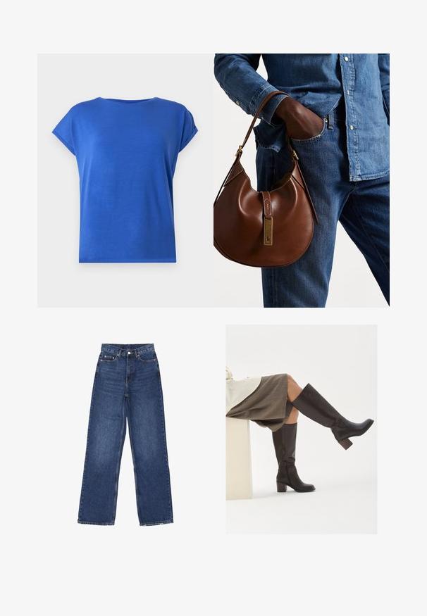 Polo Ralph Lauren CABLE-KNIT WOOL-CASHMERE CARDIGAN - Cardigan - authentic cream; Short-sleeved, round-neck t-shirt made of smooth fabric in a vibrant blue color. Features a relaxed fit and rolled cuff details.; Wide-leg blue denim jeans with a high waist, featuring a button closure, five pockets, and subtle fading on the fabric.; Brown leather knee-high boots with a square toe, chunky heel, and side zipper. Smooth texture with a polished finish.; Brown leather hobo bag with a rounded shape, featuring a gold hardware accent and contrast stitching. Paired with a denim shirt and jeans.