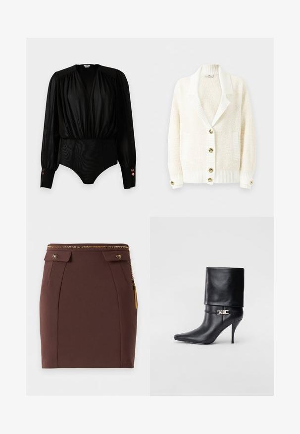 Kremveida teksturēta kardigāna ar ribotu šalli, ribotām piedurknēm un apakšmalu, divām priekšējām kabatām un zelta tonī pogām priekšā un uz piedurknēm.; Melnas garām piedurknēm bodijs ar savāktām dziļās V veida kakla izgriezumu, pūkainām plecu daļām, platiem aprocēm ar trim metāla pogām un pieguļošu apakšējo daļu.; Brūns pieguļošs mini svārki ar zelta ķēdes jostu, dekoratīvām pogām ar atloks un zelta bārkstīm uz viendabīga fona.; Melnas ādas potīšu zābaki ar smailu purngalu, augstu stiletto papēdi, salocītu aproci un zeltītu dekoratīvu sprādzi uz potītes.