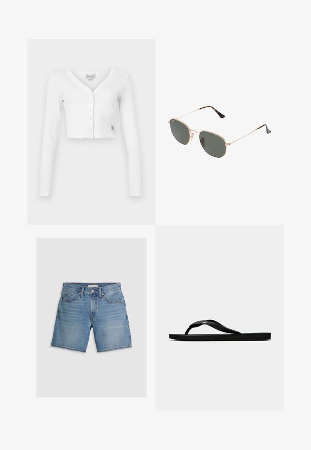 Cardigã curto branco com decote em V, mangas longas e seis botões na parte da frente. Apresenta um pequeno emblema da marca na parte inferior esquerda.; Blusa branca em linho com mangas curtas, apresentando bordado a ponto de olho e um fecho frontal em laço, detalhes com bainha e decote em formato de ondas.; Calções de ganga em azul claro, com corte reto, cinco bolsos e fecho por botão. Feitos de algodão com uma textura suave.; Chinelo de borracha preta com uma tira texturada e sola plana simples, mostrado de lado num fundo claro.; Óculos de sol de armação dourada com lentes verde-escuras, estilo aviador, apresentando hastes finas e detalhes em tartaruga nas pontas.; Bolsa de pele castanha com monograma, alça de corrente dourada, fecho de zíper e forma retangular e plana. Apresenta um logótipo em relevo na parte da frente.
