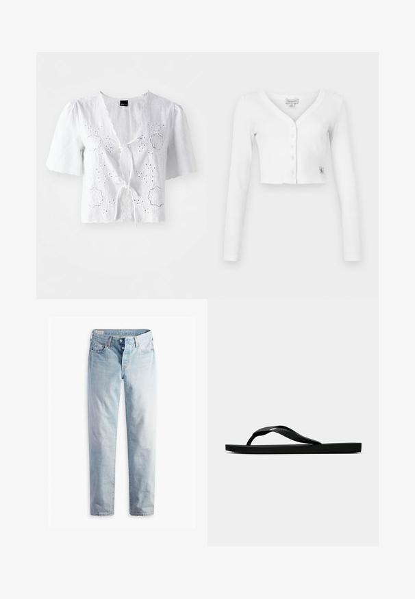 Bela skrajšana jopica z V-izrezom, dolgimi rokavi in šestimi gumbi spredaj. Ima majhen znak blagovne znamke na spodnjem levem delu.; Bela bluzka iz lanu s kratkimi rokavi, ki vključuje očesno vezenje in sprednji obroček za zapiranje, ter scalloped izrez in robne detajle.; Svetlo modri kavbojki z ravnim krojem, dvema sprednjima žepoma in dvema zadnjima žepoma. Vključuje zaponko na dva gumba in subtilno šivanje.; Črne gumijaste japonke s teksturirano thong naramnico in preprostim ravnim podplatom, prikazane s strani na enobarvni svetli podlagi.