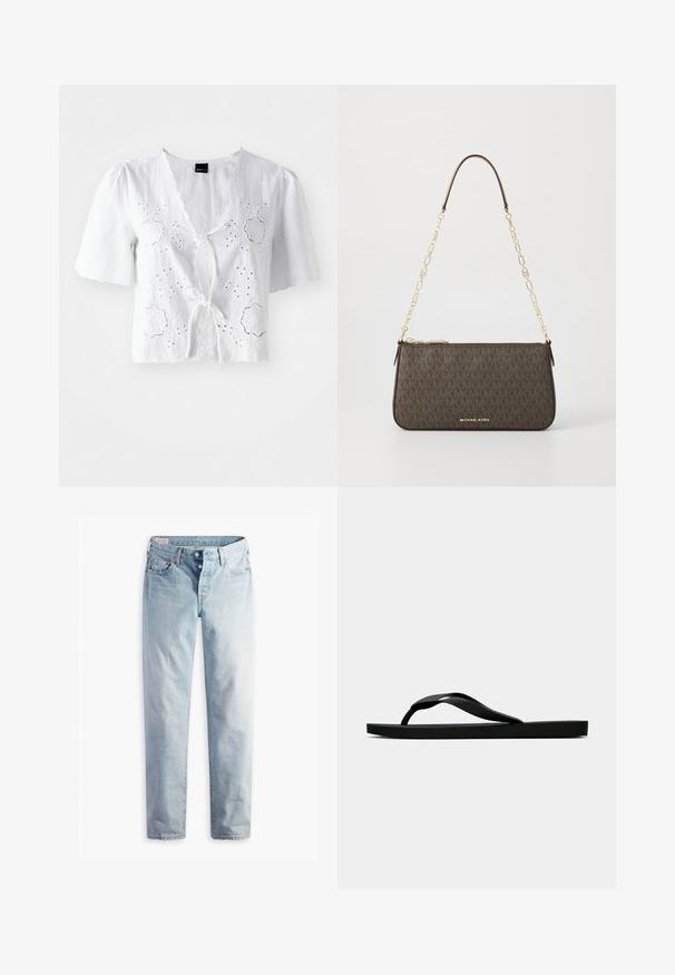 Fehér, rövidített fazonú kardigán V-nyakkal, hosszú ujjakon és hat gombbal az elülső részen. Bal alsó sarkában kicsi márkajelzés található.; Fehér lenblúz rövid ujjal, lyukacsos hímzéssel és elöl megkötős záródással, továbbá hullámos nyakkivágással és szegés részletekkel.; Világoskék farmernadrág, egyenes szárú fazonnal, két elülső és két hátsó zsebbel. Két gombos zipzárral és diszkrét varrással rendelkezik.; Fekete gumipapucs, textúrált pánttal és egyszerű lapos talppal, oldalnézetből, világos háttér előtt.; Barna monogramozott bőr táska arany lánc pánttal, cipzáros zárással és lapos, téglalap alakú kivitelben. Az elülső oldalán logó van domborítva.