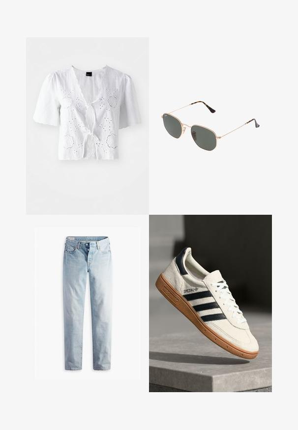 Fehér, rövidített fazonú kardigán V-nyakkal, hosszú ujjakon és hat gombbal az elülső részen. Bal alsó sarkában kicsi márkajelzés található.; Fehér lenblúz rövid ujjal, lyukacsos hímzéssel és elöl megkötős záródással, továbbá hullámos nyakkivágással és szegés részletekkel.; Világoskék farmernadrág, egyenes szárú fazonnal, két elülső és két hátsó zsebbel. Két gombos zipzárral és diszkrét varrással rendelkezik.; Fehér velúr sneaker tengerészkék csíkokkal, gumitalppal, textúrált felső résszel, kerek orral és fűzős kialakítással; a cipő oldalán és a nyelvén logó található.; Arany fémkeretes napszemüveg sötétzöld lencsékkel, pilóta stílusban, vékony karokkal és teknősbékás díszítéssel a végeken.; Barna monogramozott bőr táska arany lánc pánttal, cipzáros zárással és lapos, téglalap alakú kivitelben. Az elülső oldalán logó van domborítva.