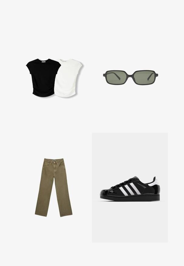 Rjav kardigan s okroglim ovratnikom, dolgimi rokavi in gumbnim zapiranjem. Narejen iz mehkega teksturiranega materiala, z oprijetim krojem.; Dva kratka rokava: en črn in en bel. Oba imata oprijet kroj s nabranimi stranskimi detajli in zaobljenimi robovi.; Olivno zelene široke hlače iz bombaža z močno teksturo. Imajo zadrgo, pet žepov in kontrastno šivanje v bližini pasu.; adidas Originals SUPERSTAR II - Športni copati - core black/footwear white/gold metallic; Črne pravokotne sončna očala s temno zelenimi lečami, z ravnim dizajnom, minimalističnimi stranmi in lahkotnim okvirjem za udobje.; Črna usnjena torba s pletenimi ročaji, žepom na zadrgo in visečimi resicami. Teksturična površina z kovinskimi okrasnimi studenčki in dodatki iz kovine.