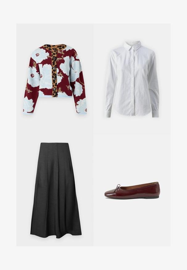 Adīta džempera jaka ar ziedu rakstu ziltā un burgundijas krāsā, leoparda raksta pogu strēle un piecas pogas priekšpusē. Ribota rokturu daļa.; Balta pogājamā krekla augšdaļa, izgatavota no gluda kokvilnas, ar klasisku apkakli, garām piedurknēm un izliekto apakšmalu. Pogas ir mazas un baltas.; Melns, pleidots midi svārki, izgatavoti no viegla auduma ar gludu tekstūru; tiem ir sānu kabatas un plūstoša silueta.; Burgundijas laku ādas baleta kurpes ar noapaļotu purngalu, nelielu loku akcentu priekšā un zemu melnu gumijas zoli. Gluda tekstūra.