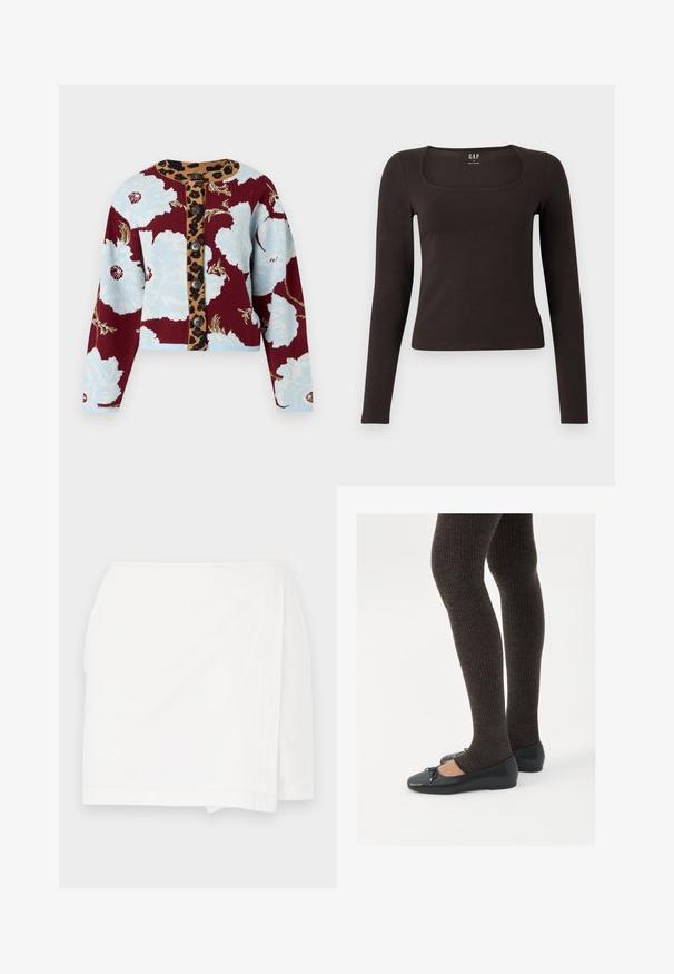 Gebreide cardigan met bloemenpatroon in blauw en bordeaux, leopardenprint knopenstrip en vijf knopen aan de voorkant. Geribde manchetten.; Zwarte lange mouwen, getailleerde top met een vierkante halslijn, gelabeled GAP, weergegeven op een witte achtergrond.; Witte rok met een rechte snit, wikkeldesign en schone randen. Gemaakt van lichtgewicht stof met een gladde textuur en geen zichtbare patronen.; Zwarte platte schoenen met een kleine strikdetail op de neus, gecombineerd met donkerbruine geribbelde panty’s. De schoenen hebben een gladde textuur en een lage profiel.
