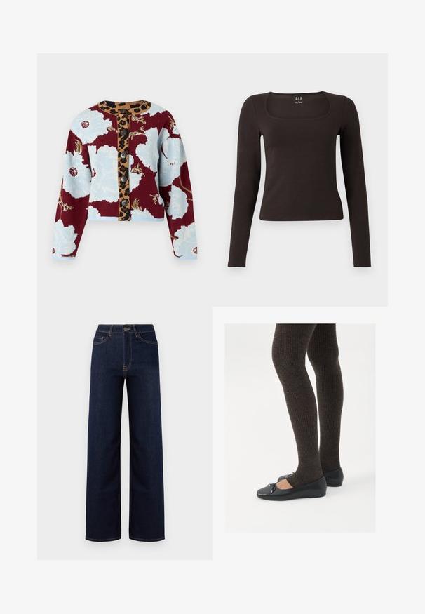 Megzta kardiganas su mėlyna ir raudona gėlių raštu, leopardų rašto mygtukų juosta ir penki mygtukai priekyje. Rubbti rankogaliai.; Juoda ilgomis rankovėmis, prigludusi bluzonėlė su kvadratine iškirpte, žymėta GAP, rodoma baltame fone.; Tamsiai mėlynos plačios kojų džinsai iš denimo, su aukštu liemeniu, keturiais kišeniais ir kontrastingais siūlais palei siūles.; Juodos plokščios bateliai su maža kaspinėlio detale prie pirštų, derinami su tamsiai rudos spalvos raukšlėtomis pėdkelnėmis. Bateliai turi lygų paviršių ir žemą profilį.