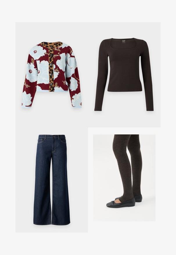 Pletiva kardigan s cvjetnim uzorkom u plavoj i burgundnoj boji, trakom s leopard uzorkom i pet dugmadi sprijeda. Rebrasti manžeti.; Crna majica dugih rukava, uskog kroja s kvadratnim izrezom, označena s GAP, prikazana na bijeloj pozadini.; Široke traperice u tamnoplavoj denim boji. Sadrže kontrastno šivanje, pet džepova i kopčanje na dugme u struku. Glatka tekstura.; Crne ravne cipele s malim mašnom na vrhu prstiju, uparene s tamnosmešnim rebrovanim čarapama. Cipele imaju glatku teksturu i nizak profil.