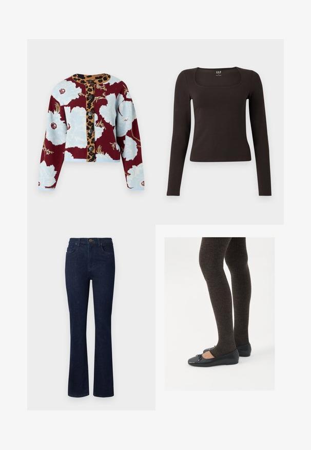 Stickad cardigan med blommönster i blått och burgundy, leopardmönstrad knapprad och fem knappar fram. Ribbad mudd.; Svart långärmad, åtsittande topp med fyrkantig halsringning, märkt GAP, uppvisad på en vit bakgrund.; Mörkblå denimjeans med utsvängd bendesign, fem fickor och knäppning i midjan. Slät textur med minimal söm.; Svarta platta skor med en liten rosett vid tån, i kombination med mörkbruna ribbade strumpbyxor. Skorna har en slät yta och låg profil.