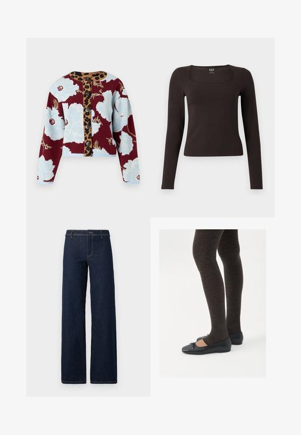 Kötött kardigán virágmintával kék és bordó színben, leopárdmintás gombcsíkkal és öt gombbal az elején. Bordás mandzsetták.; Fekete, hosszú ujjú, elasztikus felső négyzet alakú dekoltázzsal, GAP felirattal, fehér háttér előtt bemutatva.; Széles lábú, sötét mosott farmernadrág klasszikus öt zsebbel, denim anyagból készült, arany cérnával díszítve és gombos záródással a deréknál.; Fekete lapos cipők kis masni díszítéssel az orrán, sötétbarna bordázott harisnyával párosítva. A cipők sima textúrával és alacsony profilúak.