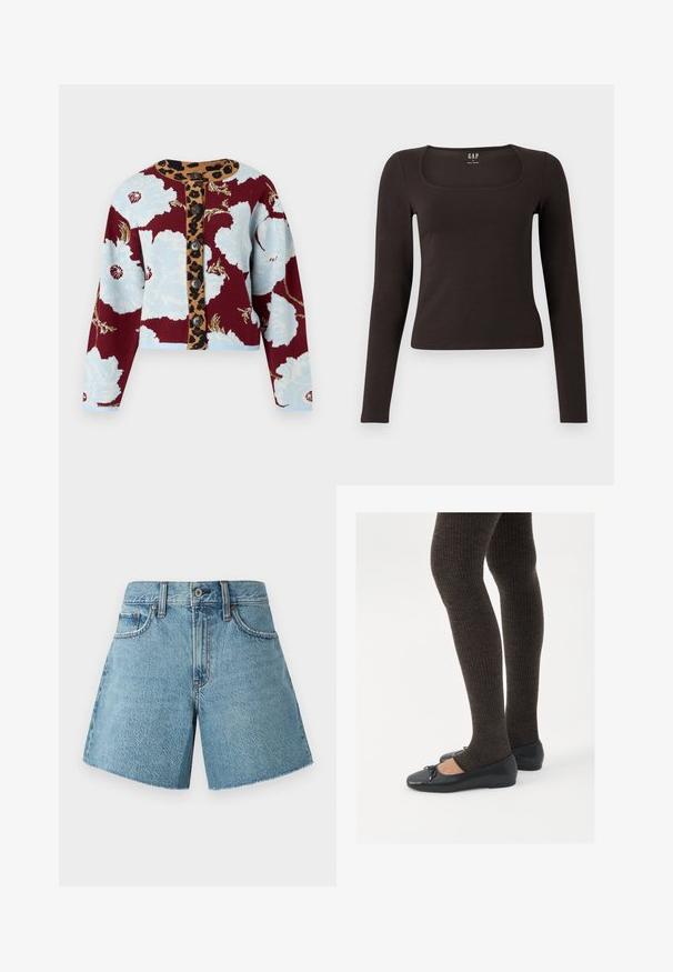 Sweter kardigan z kwiatowym wzorem w kolorze niebieskim i burgundowym, paskiem w cętki z guzikami oraz pięcioma guzikami z przodu. Z ribbany przy mankietach.; Czarny, długi rękaw, dopasowana bluzka z kwadratowym dekoltem, oznaczona marką GAP, wyeksponowana na białym tle.; Jasnoniebieskie szorty dżinsowe z wysokim stanem, pięcioma kieszeniami i surowym wykończeniem. Wykonane z teksturowanej bawełnianej tkaniny o klasycznym designie.; Czarne płaskie buty z małym kokardkowym detalem na palcach, zestawione z ciemnobrązowymi rajstopami w prążki. Buty mają gładką teksturę i niski profil.