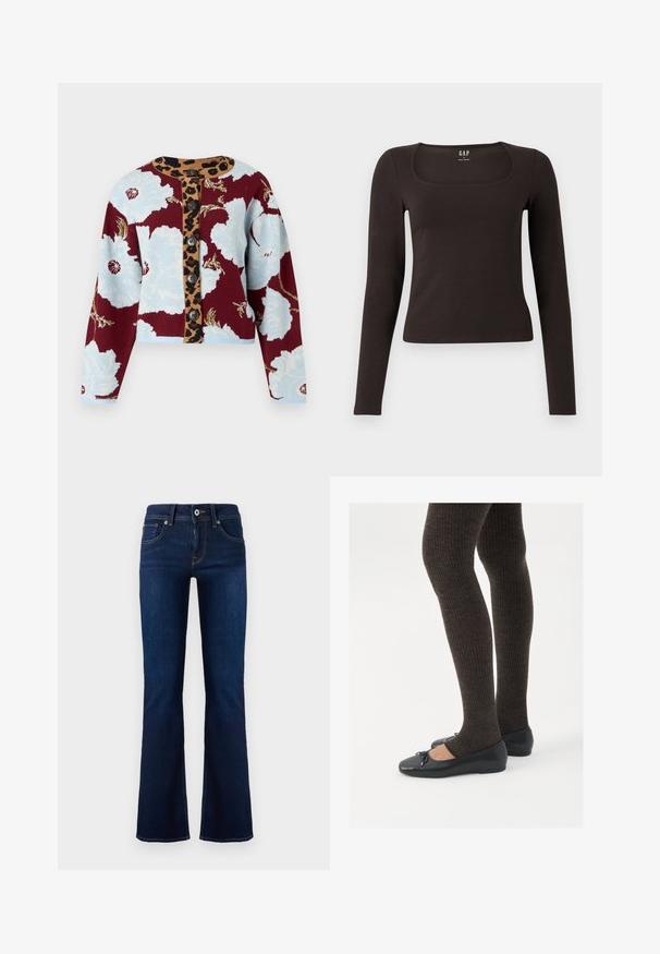Knit cardigan with floral pattern in blue and burgundy, leopard print button strip, and five buttons down the front. Ribbed cuffs.; Black long-sleeve, fitted top with a square neckline, labeled GAP, displayed on a white background.; Dark blue denim flared jeans with a mid-rise waist, front pockets, and contrasting stitching. Features a metal button closure and belt loops.; Black flat shoes with a small bow detail at the toe, paired with dark brown ribbed tights. Shoes have a smooth texture and low profile.