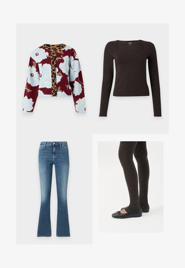 Adīta džempera jaka ar ziedu rakstu ziltā un burgundijas krāsā, leoparda raksta pogu strēle un piecas pogas priekšpusē. Ribota rokturu daļa.; Melnas garās piedurknes, pieguļošs tops ar kvadrātveida apkakli, ar uzrakstu GAP, novietots uz baltā fona.; Izbalējuši zili džinsi ar platām kājām, augstu jostasvietu, pogu aizdari, piecu kabatu dizainu un smalkiem izšuvumiem garš šuvēm.; Melnas plakano formas kurpes ar mazu loku uz pirksta, apvienotas ar tumši brūnām ribotām zeķubiksēm. Kurpēm ir gluda tekstūra un zems profils.