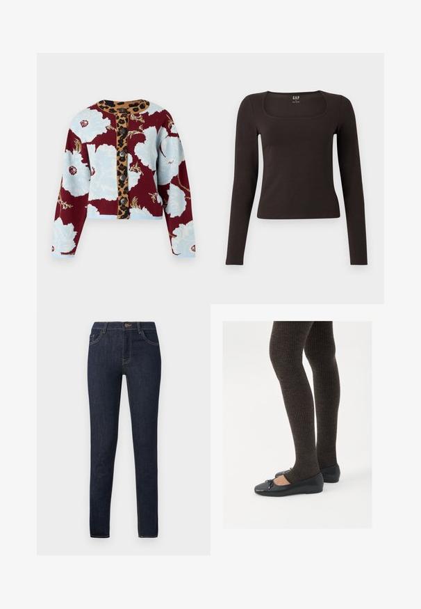Stickad cardigan med blommönster i blått och burgundy, leopardmönstrad knapprad och fem knappar fram. Ribbad mudd.; Svart långärmad, åtsittande topp med fyrkantig halsringning, märkt GAP, uppvisad på en vit bakgrund.; Mörkblå slim-fit jeans med framfickor, bälteshällor och knappstängning, uppvisade mot en enfärgad vit bakgrund.; Svarta platta skor med en liten rosett vid tån, i kombination med mörkbruna ribbade strumpbyxor. Skorna har en slät yta och låg profil.