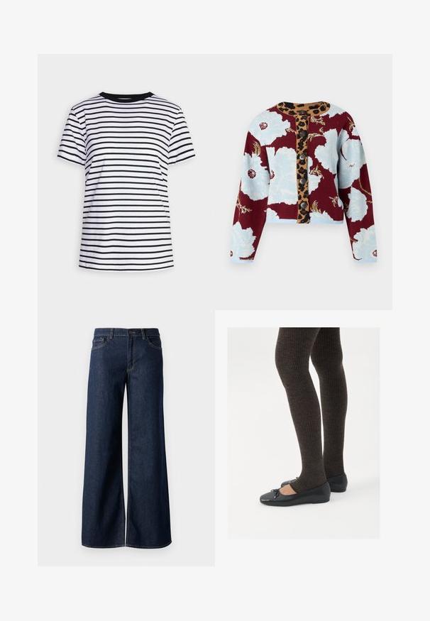 Knit cardigan with floral pattern in blue and burgundy, leopard print button strip, and five buttons down the front. Ribbed cuffs.; Black and white striped t-shirt made of soft fabric. Features a crew neckline and short sleeves, with evenly spaced horizontal stripes.; Wide-leg jeans in dark blue denim. Features contrast stitching, five pockets, and a button closure at the waist. Smooth texture.; Black flat shoes with a small bow detail at the toe, paired with dark brown ribbed tights. Shoes have a smooth texture and low profile.