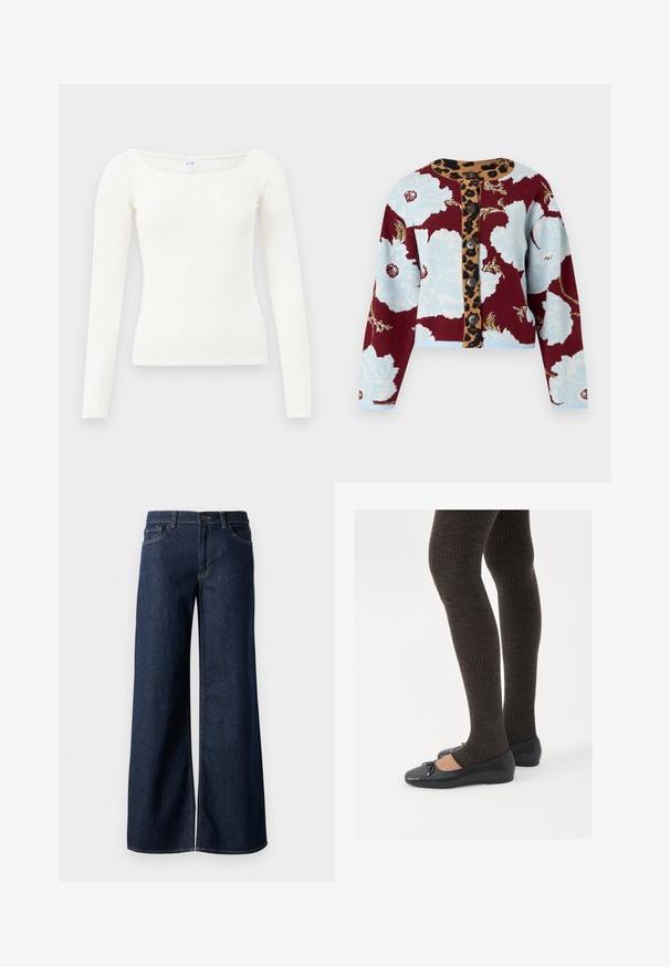 Strikket cardigan med blomsterprint i blå og bordeaux, leopardprint knappestolpe og fem knapper foran. Ribbet manchetter.; Hvid langærmet ribbet top med firkantet udskæring, lavet af blødt stof. Har et tætsiddende design og sømløse kanter for et rent udseende.; Bredde ben jeans i mørkeblå denim. Har kontrastsyninger, fem lommer og en knaplukning i taljen. Glat tekstur.; Sorte flade sko med en lille sløjfedetalje ved tåen, parret med mørkebrune ribbede strømpebukser. Skoene har en glat overflade og lav profil.