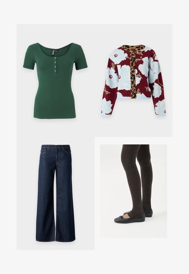 Sweter kardigan z kwiatowym wzorem w kolorze niebieskim i burgundowym, paskiem w cętki z guzikami oraz pięcioma guzikami z przodu. Z ribbany przy mankietach.; Ribbed, krótki top z rękawem w ciemnozielonym kolorze z okrągłym dekoltem. Posiada zapięcie na guziki z srebrnymi zatrzaskami. Miękka tekstura.; Jeansy z szerokimi nogawkami w ciemnoniebieskim denienie. Posiadają kontrastowe przeszycia, pięć kieszeni oraz zapięcie na guzik w talii. Gładka faktura.; Czarne płaskie buty z małym kokardkowym detalem na palcach, zestawione z ciemnobrązowymi rajstopami w prążki. Buty mają gładką teksturę i niski profil.