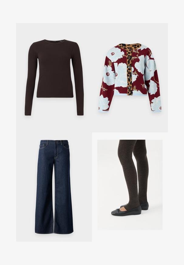 Cárdigan de punto con patrón floral en azul y burdeos, franja de botones con estampado de leopardo y cinco botones en la parte delantera. Puños de canalé.; Top de manga larga de cuello redondo acanalado en marrón oscuro con una silueta ajustada, exhibido sobre un fondo blanco liso.; Jeans de pierna ancha en denim azul oscuro. Presenta costuras en contraste, cinco bolsillos y un cierre de botón en la cintura. Textura suave.; Zapatos planos negros con un pequeño lazo en la punta, combinados con medias de punto en marrón oscuro. Los zapatos tienen una textura suave y un perfil bajo.