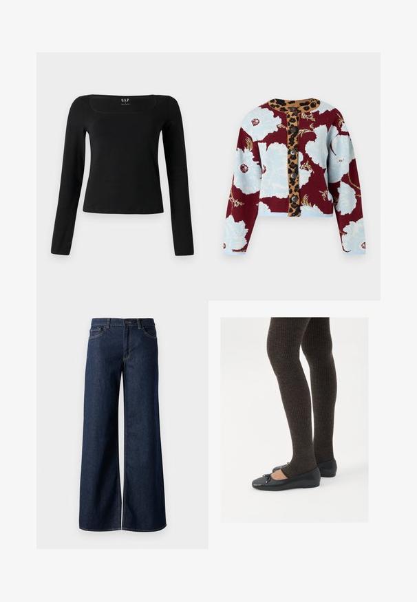 Sweter kardigan z kwiatowym wzorem w kolorze niebieskim i burgundowym, paskiem w cętki z guzikami oraz pięcioma guzikami z przodu. Z ribbany przy mankietach.; Czarna bluzka z długim rękawem o kwadratowym dekolcie, wykonana z gładkiego materiału, z dopasowanym krojem i prostym dołem. Metka umieszczona wewnątrz dekoltu.; Jeansy z szerokimi nogawkami w ciemnoniebieskim denienie. Posiadają kontrastowe przeszycia, pięć kieszeni oraz zapięcie na guzik w talii. Gładka faktura.; Czarne płaskie buty z małym kokardkowym detalem na palcach, zestawione z ciemnobrązowymi rajstopami w prążki. Buty mają gładką teksturę i niski profil.